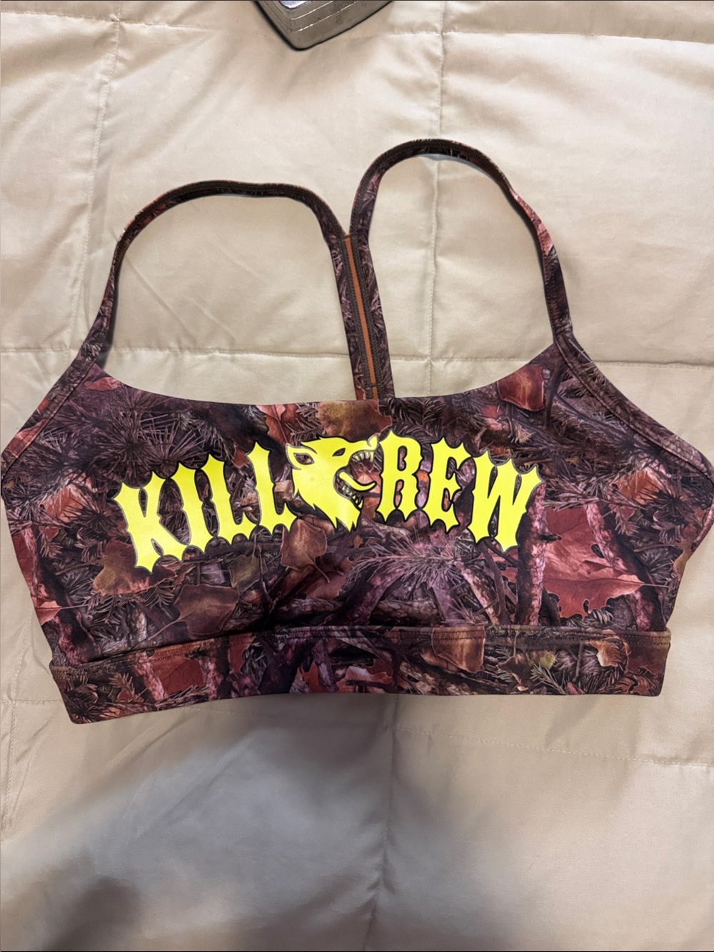 Kill Crew Brown Camo Sports-bra with Neon Yellow Logo. Like New!